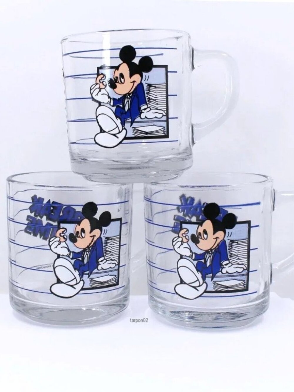 3 Vintage Disney Mickey Mouse“Break Time”Mug Anchor Hocking USA Glass Coffee Cup
